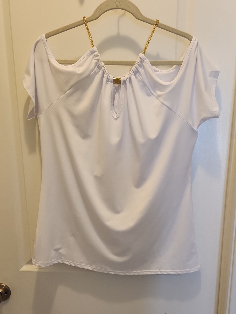 Amazon White Cold-Shoulder Blouse with Gold Chain Straps